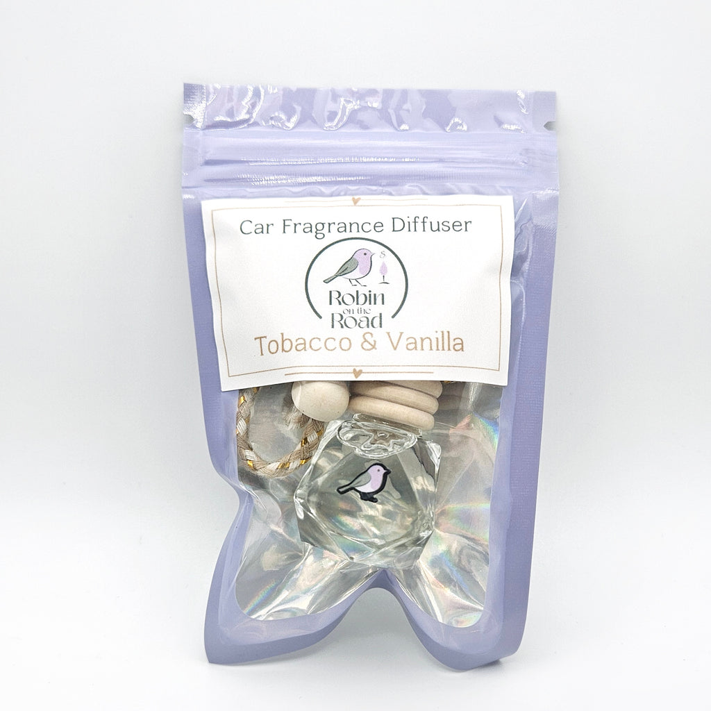 Tobacco and Vanilla 8ml hanging car fragrance diffuser in packaging